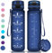 Vikaster Bouteille d'eau, Gourde Sport 1 Litre, sans BPA, Étanche & Réutilisable, avec Filtre et Marqueur de Temps, Convient Pour la Gym, le Yoga, le Camping, Gourde Randonnée Mat Bleu Marine