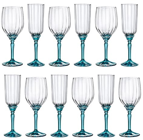 Bormioli Rocco 12pc Bleu Florian Ensemble Verres à Pied - Grand Verre Rouge Blanc Rosé Longue Tige Cocktail Faire la Fête Buvant Gobelet Ensemble-Cadeau