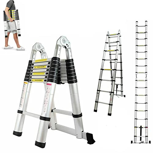 1,9m+1,9m Edelstahl Teleskopleiter Klappleiter, Ausziehleiter Anlegeleiter 6+6 Sprossen, Multifunktionsleiter Leicht zu Tragen, 150kg Tragkraft