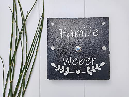 Klingelschild mit Familiennamen aus Schiefer, Türklingel 20 x 20 cm personalisiert mit Gravur Familienname, Namensschild Klingel, Die Geschenke Manufaktur