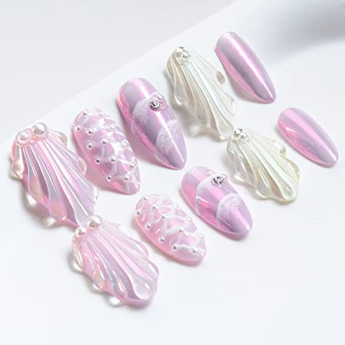 Sun&Beam Nails Handmade Press-on Medium Long Amlond Purple Sweet Pearl Rhinestone Design Fashion False Nail Tips 10 Pcs Set (#029 M)