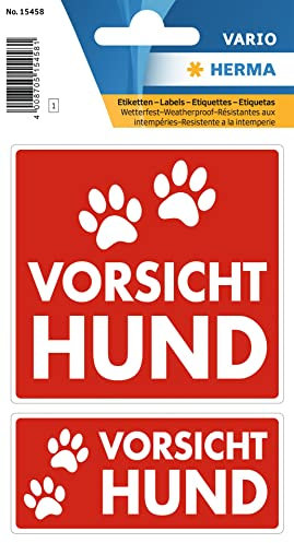 HERMA 15458 Vorsicht Hund Aufkleber wetterfest, 2 Stück, 79 x 75 mm, 9 x 35 mm, selbstklebend, klein, groß, Achtung bissiger Hund Etiketten Schild aus langlebiger Folie für Außen- und Innenbereich
