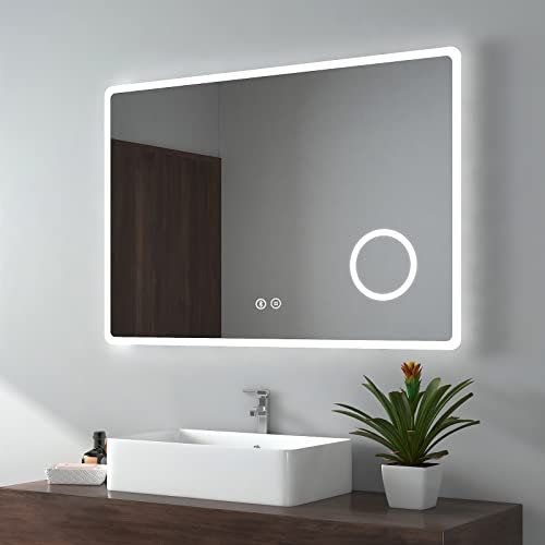 EMKE Backlit Illuminated Bluetooth Bathroom Mirror with Shaver Socket 1000x700mm, Wall Mounted Multifunction LED Bathroom Vanity Mirror with Lights + Demister + 3-Fold Magnification
