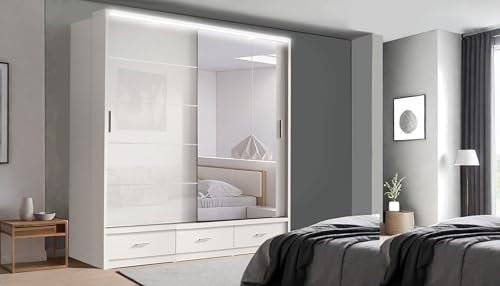 RAC3 Race to Road Modern Bedroom Sliding Wardrobe with LED Light - Ample Storage Space and Sleek Design comes in White/Grey/Black and Width 205cm/256cm. (White, 205cm)