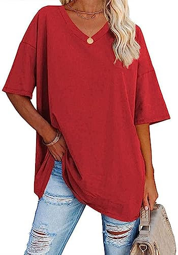 WINKEEY Camisa de Manga Corta de Color sólido para Mujer Camiseta básica Suelta de Verano Cuello en V Casual tee Tops (Rojo,XL)