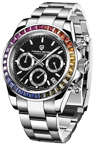 Pagani Design 1644. Klassischer Chronograph für Herren. Japanisches Uhrwerk VK63. Panda Zifferblatt, Lünette aus Keramik. Edelstahl, wasserdichte Quarzuhr, Eisblau, Schwarz