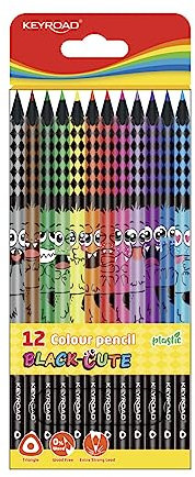KEYROAD Buntstifte Dreieckig - 12 Stück/Schwarzes Holz/Mischfarben/Erwachsene und Kinder/Weicher Graphit/Ideal für MalbücherLoch zum Aufhängen