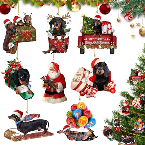 8 Stück Dackel-Weihnachtsbaumschmuck, Dackel Weihnachtsbaum Ornament, Weihnachtsbaumschmuck, Weihnachten Flacher Dackel Anhänger Dekor, Dackel-Hund-Auto-Anhänger für Geschenke.2D