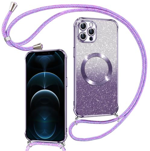 Phoona Couqe Magnétique pour iPhone 12 Pro Max Con Cordon, Compatible avec MagSafe, Brillant Glitter Pailleté Antichoc Durable Résistante Etui Soft Bumper Housse pour iPhone 12 Pro Max, Violet