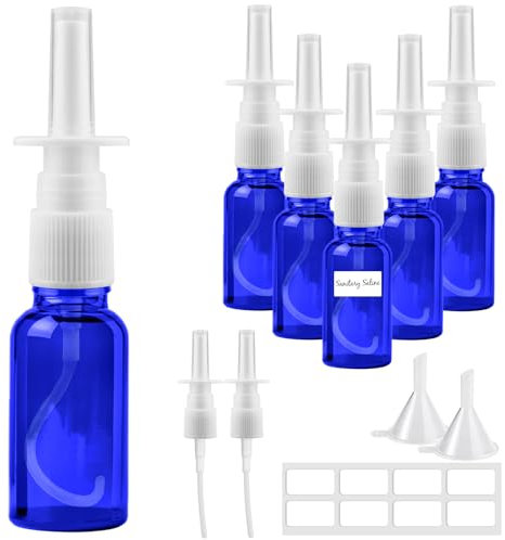 Furuising 6 Stück Nasen Sprühflaschen,20ml Glas Nasenspray, Wiederverwendbar Blau Leerer Nasens Sprühflasche Klein mit Etiketten,Düsen,Trichter für Parfüm,ätherische Öle,Kochsalzlösung