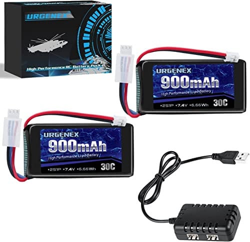 URGENEX 7.4V Lipo Battery 2S 30C 900mAh Rechargeable Lipo Battery with PH2.0 Plug Compatible with Most 1/10, 1/16, 1/18, 1/24 Scale RC Cars Trucks with 1 to 2 USB Charger