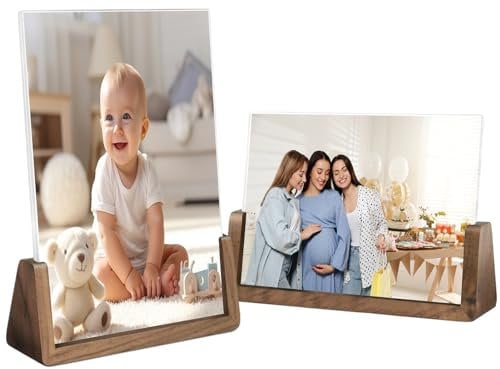 Mafagwre 2er Set Holz Bilderrahmen 13x18 cm, Mit Walnusssockel und Klarem Acrylrahmen, Bilderrahmen Set Holz Fotorahme Portraitrahmen für Tischplatte (Horizontal+Vertikal)