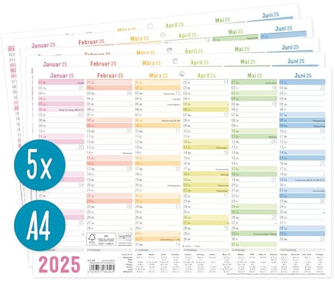 Häfft® 5 x Tafelkalender 2025 A4 quer Rainbow - Jahresplaner, Wandkalender, Jahreskalender inkl. kleine Übersicht Folgejahr, Feiertage & Ferienübersicht - nachhaltig & klimafreundlich