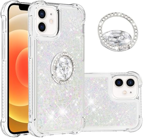 IMEIKONST iPhone 12 Phone Case with Ring Kickstand, Glitter Bling Sparkle Quicksand Flowing Liquid Slim Gel Silicone ShockProof Protective Cover for iPhone 12. Colorful YBZ