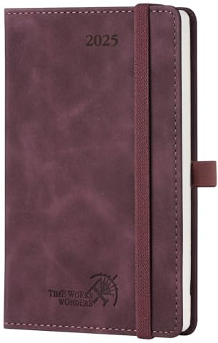 POPRUN Taschenkalender 2025 Klein Softcover mit PU-Leder, ca. A6 (16 x 10,5 cm) - Kalender 2025 Buchkalender Notizbuch (Jan.2025-Dez.2025) mit 100 GSM Papier - Weinrot
