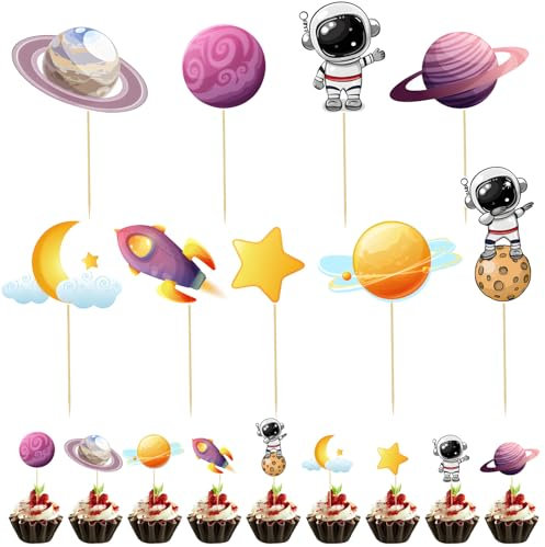 36 Stück Weltraum-Astronauten Cupcake-Topper - Einfach Anzubringender Kuchenaufsatz, Dekoration für Geburtstagspartys Mit Earth Planet