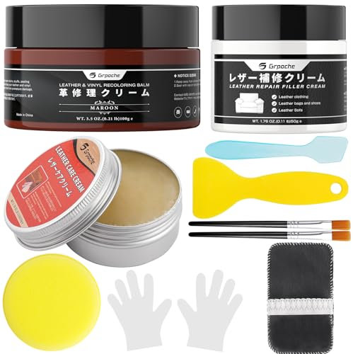 Grpoche Leder Reparatur Set, Rotbraun Lederpflege für Ledercouch, Lederreparaturcreme für Kratzer, verblasste Stellen, Abnutzung, Lederfarbe für Sofas, Autos