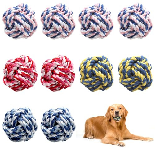 Lot de 10 balles en corde pour chien - En coton tressé - Durable - Pour le nettoyage des dents des chiens - Jouet à mâcher pour chiots lors de la dentition - Non gros chiens