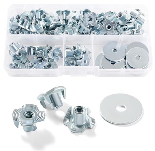 Lyeteung 50 Stücke M4 × 8mm Einschlagmuttern, Vier-Prong Nüsse, 4-Zinken-T-Nut-Muttern, mit 20 Stücke Unterlegscheiben, für Holz, Schränke, Möbel