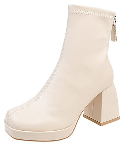 Generico Stivaletti Tacco Stivali Gambale Largo 50 Cm Donna in Pelle Artificiale Tinta Unita Autunno Suola Spessa Tacchi Quadrati Cerniera Stivaletti Punta Stivali Bassi Donna Invernali (White, 40)