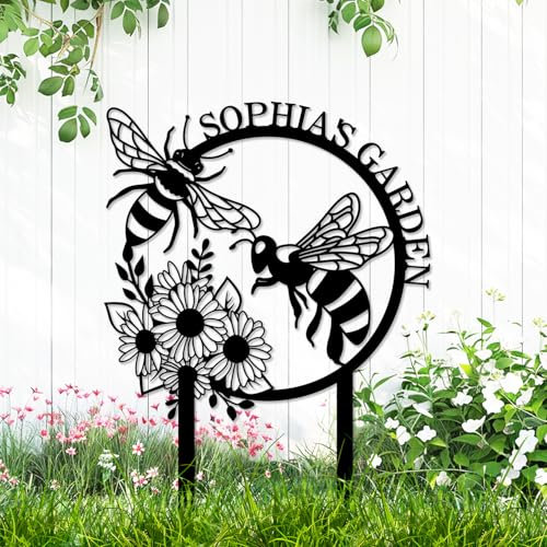 Custom Metal Flowers Bee Garden Stake Sign, Personalized Flower Bee Garden Sign with Stakes, Customized Honeybee Outdoor Lawn Yard Decor Sign
