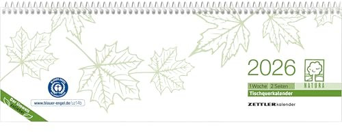 Zettler Tischquerkalender 1W/2S BlauerEngel 2026 – Bürokalender 30x10 cm aus Recyclingpapier, Blauer Engel zertifiziert, Wochenkalender mit 1 Woche auf 2 Seiten, Stundeneinteilung 7–19 Uhr