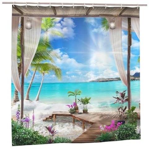 YUAOEUR 3D Landscape Garden Shower Curtain 79X72 Inch Nature Scenery Sunset at Lake View Spring Flowers Green Grass Scenery Bathroom Decoration Curtains with Hook