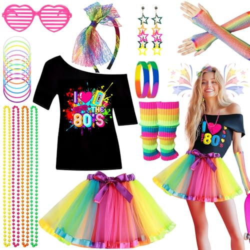 Glirop 10Pcs 80s Accessories Set for Women, Retro Fancy Dress with Tutu Skirt Leg Warmers Fishnet Gloves Earrings Lace Headband Glasses Bracelet for Girls 1980s Costume Outfit Hen Do Party