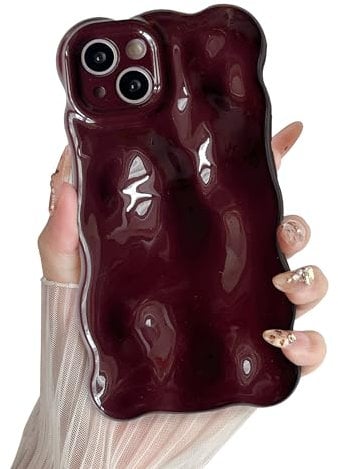 XIZYO Case for iPhone 15 6.1 Inch, Cute Burgundy Solid Color Curly Wave Shape Soft TPU Bumper Phone Case, for Women Girls Aesthetic Design Silicone Slim Shockproof Phone Cover, Wine Red
