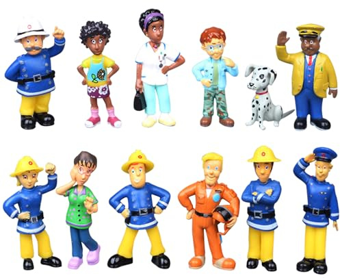EDLMKM 12 Pcs Firefighter Cake Toppers Mini Figures Set Birthday Party Supplies Cupcake Figurines Kid Birthday Cake Decorations Supplies for Party Decoration Suppliess, Fireman Sam Figures