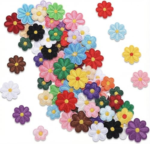 MOTIBACK 68Pcs Blumen Bestickte Aufnäher (4cm & 2.3cm) – Vielfarbene Iron on/Nähen Aufnäher für Kleidung, Taschen, Jeans, DIY Dekoration, Ideal für Handwerk Liebhaber & Familien