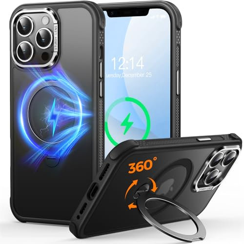 Custodia O3 Mag-Stand per iPhone 12 Pro Max con Supporto a 360°,[Compatibile con MagSafe][Eccezionalmente Delicata Sulla Pelle]Sottile Eopaca Magnetica Traslucida 6,7, Nero Opaco