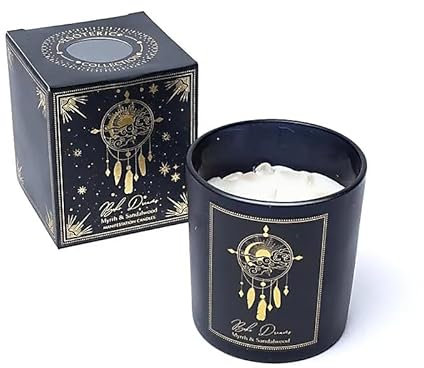 LivuX Manifestationskerze Boho Dreams 20 Std. – Glas mit Edelsteinen, 8x7 cm, handgegossen aus Soja- & Palmwachs, Myrrhe & Sandelholz Duft, spirituelle Duftkerze für Meditation & Rituale 120g 1267