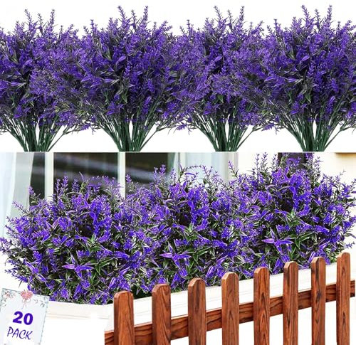 Artificial Flowers, 20 Bundles Artificial Lavender Plants Indoor and Outdoor, UV Resistant Plastic Faux Flowers Decorative for Garden, Outside, Porch, Home, Hanging Basket, Fence, Window (Purple)