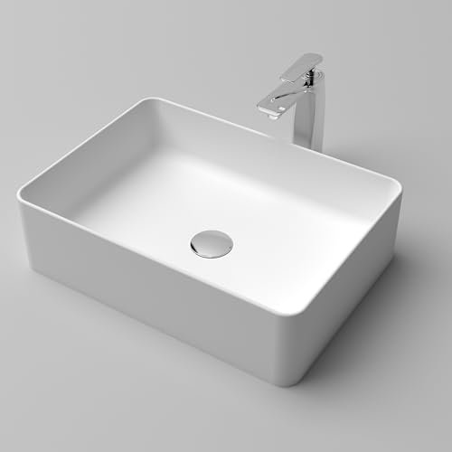 Lavabo de Salle de Bain élégant Blanc Mat, Grande capacité 50,8 x 35,6 cm, Surface Solide avec bonde escamotable