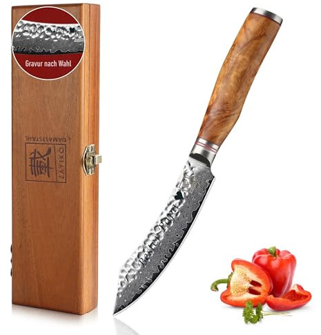zayiko Minami Damast Steakmesser mit Gravur – Personalisiertes Messer, 12 cm Klinge aus 67 Lagen Damaststahl (VG10-Kern), Hammerschlag, Olivenholzgriff – Geschenkbox für Steakliebhaber