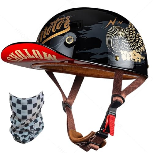 Vintage Motorrad Halbhelm Baseballmütze-Helm | Halbschalenhelm, ECE-Zulassung, Jet Helm Baseball Cap, Gesichtsschutz, Schnelllösetaste für Scooter Cruiser
