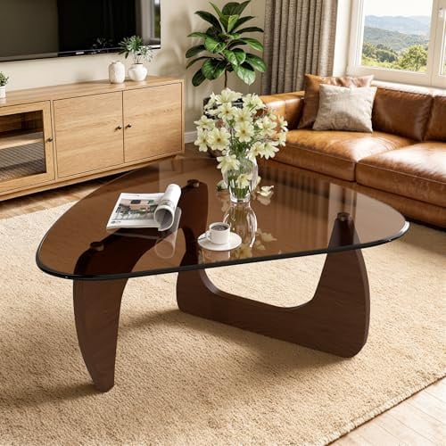 Hawthyhome Beistelltisch Dreieckig, Couchtisch aus Holz&Gehärtetes Glas mit Holzrahmen, Moderner Glas-Kaffeetische Vintage Satztische für Wohnzimmer, Büro Walnuss