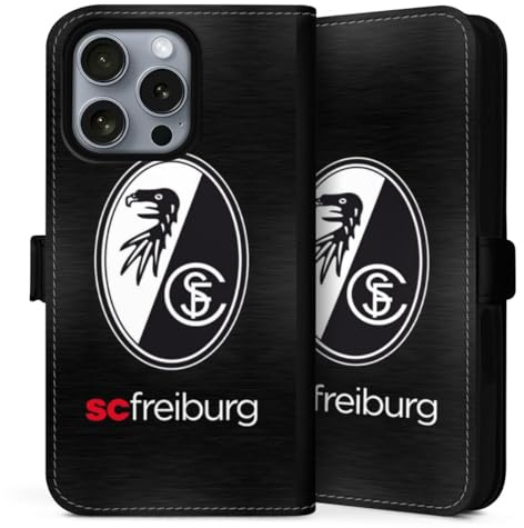 Klapphülle kompatibel mit Apple iPhone 16 Pro Max Handyhülle aus Kunst Leder schwarz Flip Case SC Freiburg Kratzer Offizielles Lizenzprodukt