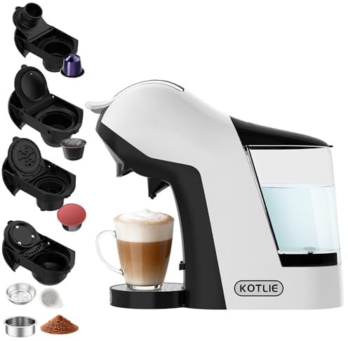 Upgrade Máquina de Cápsulas Café Espresso 5 en 1 19 Bar para Nespresso/Dolce Gusto/LAVAZZA MIO/LOR y Café Molido/ESE, Cafeteras Automáticas Pequeñas con Cápsulas, EM-308B (Blanco)