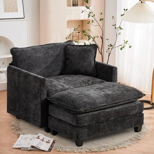 SoarFlash Canapé Moderne avec accoudoirs, revêtement en Chenille, Coussins doublement rembourrés, adapté pour Salon/Chambre à Coucher/Appartement, 1 Place + 1 Repose-Pied, Noir