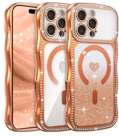 UCASONG for iPhone 15 Pro Max (6.7) Magnetic Wave Frame Case, Orange Heart | Compatible with MagSafe, Sparkly Rhinestone Gradient Glitter Card, Aesthetic Wavy Case, Soft TPU Shockproof Protective Cover