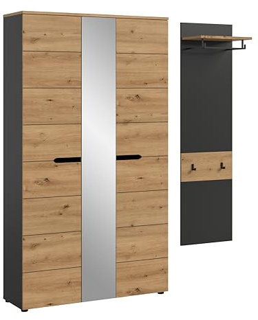 xonox.home – Garderobenkombination Canu 165x190x37 cm in Artisan Eiche & Basaltgrau – 2-teiliges Set aus kompaktem Garderobenschrank & Wandpaneel – Platzsparende Lösung für schmale & Moderne Flure