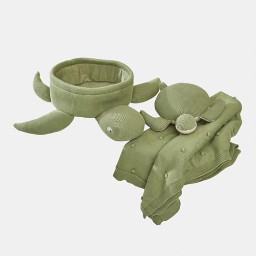 Loberon Stofftierset Bubbilo - Korb, Babyschildkröte und Plaid - Weiche Haptik - Schmuse-Set - Spielaccessoires - Baumwolle - Polyester, grün/weiß