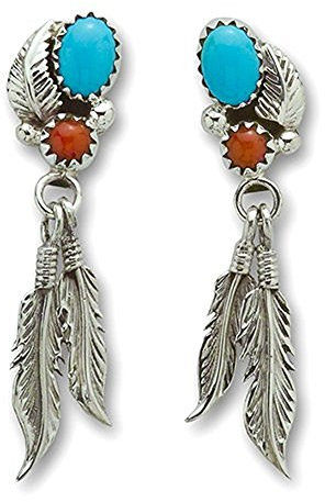 Indianerschmuck Ohrringe mit Türkis Koralle und Silberfedern Westernschmuck Navajo Annie Spencer Native American