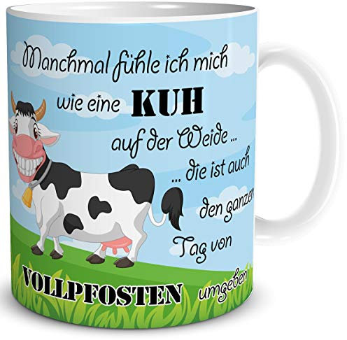 TRIOSK Tasse Kuh lustig mit Spruch Vollpfosten Kuhmotiv Geschenk für Kuhliebhaber Arbeit Büro Frauen Freundin Kollegin, Keramik 300ml