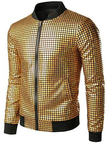 JOGAL Herren Metallic Pailletten Baseball Bomberjacke 70er Disco Party Kostüm Large Gold