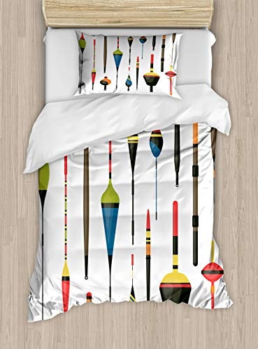 ABAKUHAUS Angeln Theme Bettbezugs Set für Einzelbetten, Bunte Rods Muster, Milbensicher Allergiker geeignet mit Kissenbezug, 130 x 200 cm, Mehrfarbig Braun