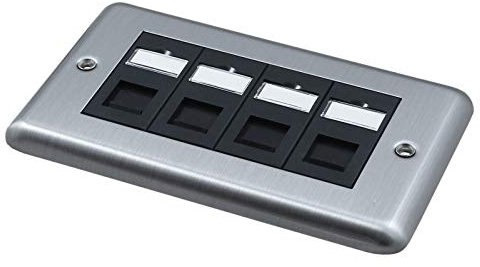 Brush Steel Faceplate Loaded with 4 x Cat6 UTP RJ45 Black Euro Module