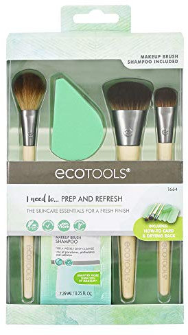 Prep + Refresh Makeup Brush Set With Sponge Blender And Brush Cleaner Cleansing Shampoo, Vegan Beauty Tools, Set Of 5